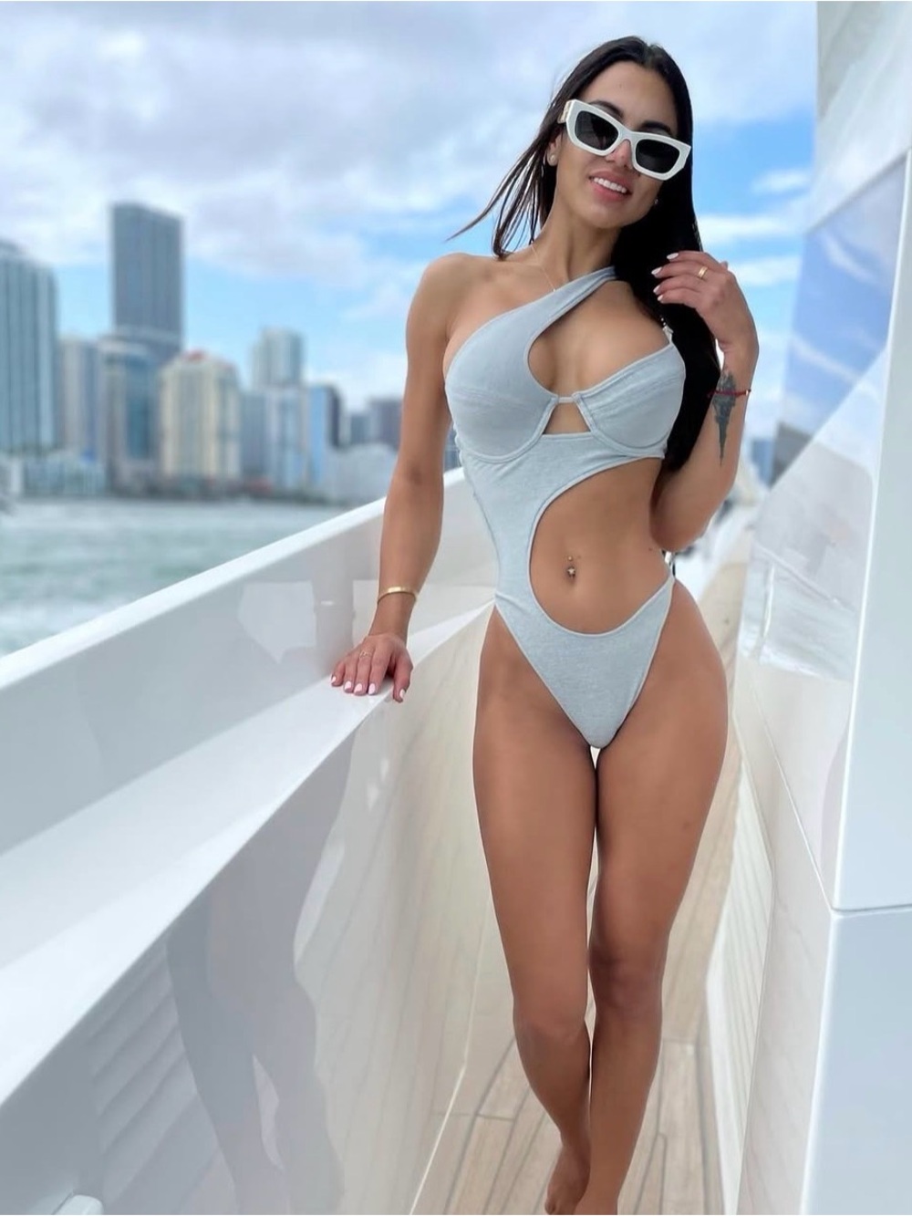 Meshki Asymmetric One-Shoulder Cutout Swimsuit in Light Gray